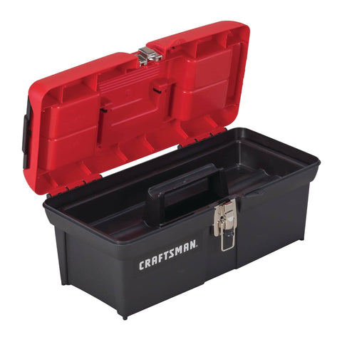 Lockable 16 Inch Tool Box With Portable Tray, Comfort Grip Handle, Front Metal Latch, Red And Black, Keeps Your Gear Safe