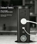 Auto Rises Pop Up Outlet Slick Aluminum Desk Power Strip With Swappable Modules Quick Charge Ports And Optional Speaker on kitchen island.