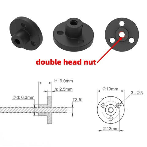Diagram and double head nut of Ultra Smooth T3.5x2.4 Lead Screw With Nylon Nut For 3D Printers 1.2mm Pitch 2.4mm Lead Right Hand Thread 304 Stainless Steel Durable Linear Motion Trapezoidal Screw 250mm Length.