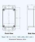 IP65 Waterproof ABS Junction Box With Clear Cover Enclosure For Indoor And Outdoor Use Rugged Black Project Box With External Mounting Ears Tough As Nails Weather Ready 3.9 By 2.6 By 1.9 Inches, front and side view dimensions