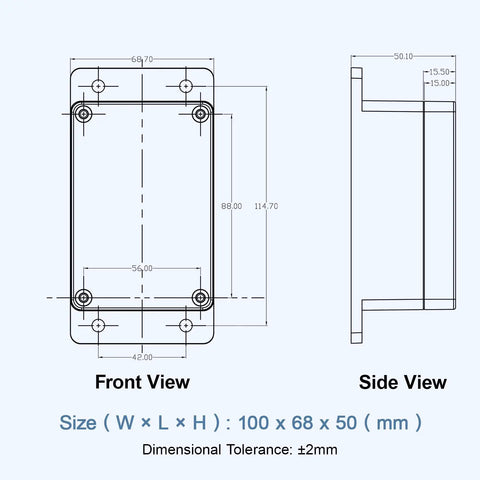 IP65 Waterproof ABS Junction Box With Clear Cover Enclosure For Indoor And Outdoor Use Rugged Black Project Box With External Mounting Ears Tough As Nails Weather Ready 3.9 By 2.6 By 1.9 Inches, front and side view dimensions