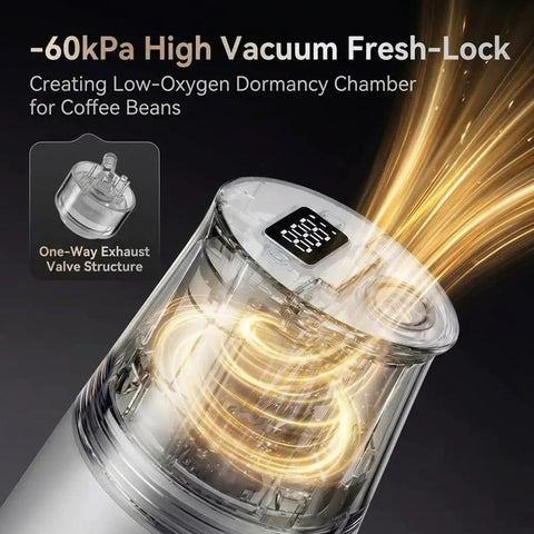 Keep Your Morning Brew Fresh As Heck With This Game Changing Smart Vacuum Sealed Coffee Canister Featuring Digital Pressure Gauge Rechargeable Design And Airtight Glass Storage displaying digital pressure gauge and vacuum lock technology.