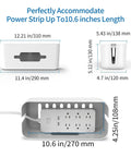 Surge Protector Power Strip With Cable Management Box dimensions and interior view showing 6 outlets, fits up to 10.6 inches length