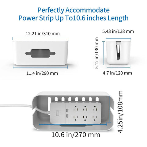 Surge Protector Power Strip With Cable Management Box dimensions and interior view showing 6 outlets, fits up to 10.6 inches length