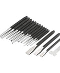 Sixteen Piece Mechanic Punches And Chisel Set Built To Last Heavy Duty Anti Rust Steel Pro Grade Tool Kit For Pros And DIYers arranged on white