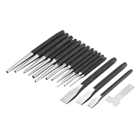 Sixteen Piece Mechanic Punches And Chisel Set Built To Last Heavy Duty Anti Rust Steel Pro Grade Tool Kit For Pros And DIYers arranged on white