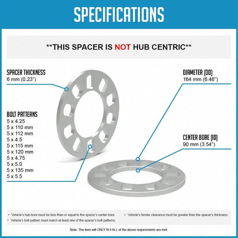 Heavy Duty Die Cast Wheel Spacers 8mm Thick Offset Adapters specifications with diameter and bolt patterns.