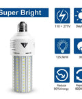 60W Equivalent LED Corn Light Bulb, 7500 Lumens, 5000K Daylight, 500W Incandescent Equivalent, E26/E27 Base, shown against product icons