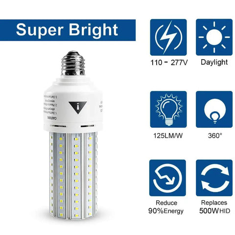 60W Equivalent LED Corn Light Bulb, 7500 Lumens, 5000K Daylight, 500W Incandescent Equivalent, E26/E27 Base, shown against product icons
