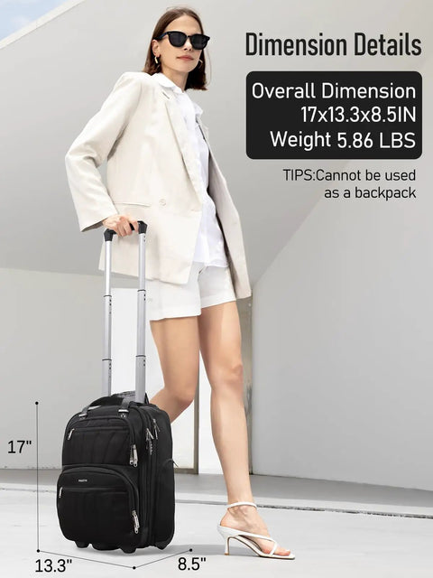 Woman with underseat carry on luggage with wheels for travel, 16 inch softside rolling underseat luggage, lightweight, airline approved, black.