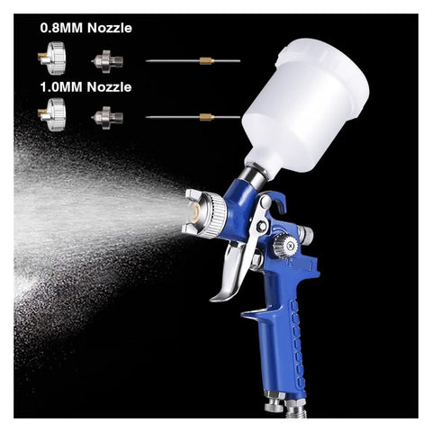 Pro Level Pneumatic Paint Spray Gun With One Millimeter Nozzle spitting even mist, clear fluid jar and blue trigger handle.