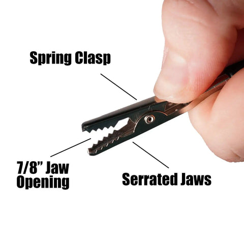 Close-up of Anti Static ESD Wrist Strap Kit 4mm alligator clip with serrated jaws, spring clasp, 7/8" jaw opening for electronics handling.