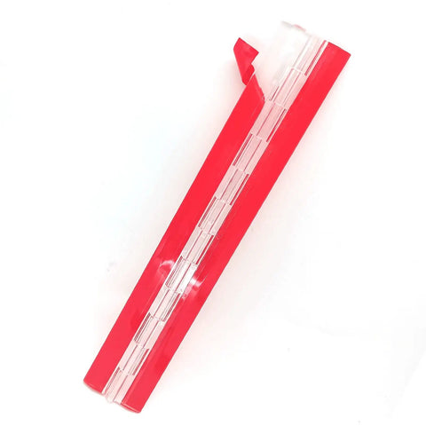 Premium Heavy Duty Self Adhesive Clear Acrylic Piano Hinge One Foot Length with red backing for easy attachment on surfaces.