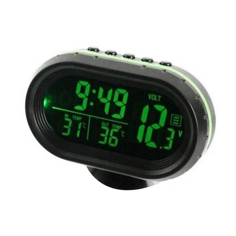Shkalacar digital thermometer and clock automotive gauge with green LED readouts for time, temp, and voltage front view
