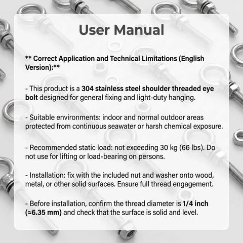 User manual for Stainless Steel Shoulder Eye Bolts One Quarter Inch By Two Inch, Twenty Pack For Wood Metal And Cable Fixing.