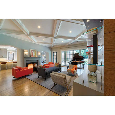 Living room with Five Inch And Six Inch Integrated LED Recessed Retrofit Downlight Trim Delivers 750 Lumens Of 3000K Soft White Light