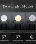 Motion Sensor Night Light Six Pack No Fuss Rechargeable LED Closet Lights 16 LEDs showing auto white and warm light modes