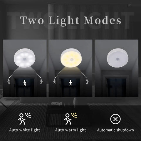 Motion Sensor Night Light Six Pack No Fuss Rechargeable LED Closet Lights 16 LEDs showing auto white and warm light modes