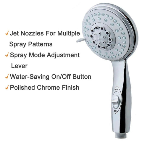Go To Handheld Shower Head With On Off Switch 5 Spray Settings 6.5 Foot Extra Long Hose High Pressure Water Flow Kit