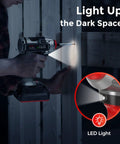 Cordless Impact Driver Set With 20V Brushless Power, built-in LED lighting up wood surface in dark space