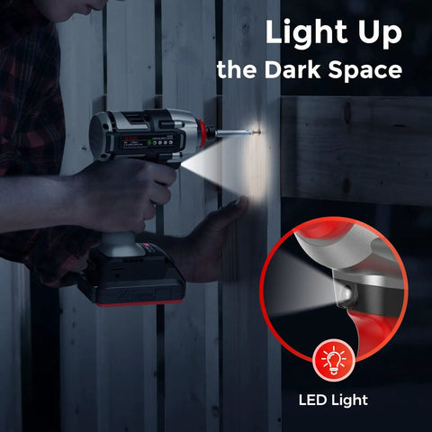 Cordless Impact Driver Set With 20V Brushless Power, built-in LED lighting up wood surface in dark space