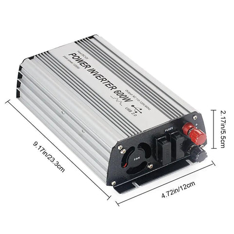 Heavy Duty 600 Watt Power Inverter 12V DC To 110V AC Converter For Trucks And Campers with USB port and dual AC outlets.
