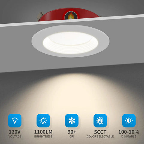 24 Pack 6 Inch Led Recessed Can Lights Sporting A Rock Solid Two Hour Fire Seal And Smooth Baffle Trim For Zero Glare Illumination Selectable 2700K Through 5000K Warm To Daylight Dimmable Downlights Ic Wet Rated Etl Approved illuminated showing 1100LM brightness and color temperature options.