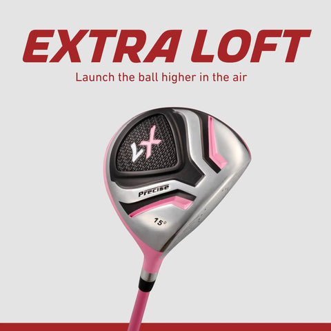 Close-up of driver from Kid Friendly Junior Golf Set For Ages 9 To 12 With Driver Irons Putter Bag Pink, showcasing extra loft.