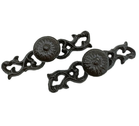 Heavy Duty Cast Iron Drawer Pulls Set Of 2 Five Point Three Inch Long Rustic Vintage Cabinet Handles With Hardware solid black finish