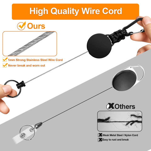 Comparison of Three Pack Retractable Keychain With Heavy Duty Carabiners And Badge Holders, showing 1mm strong stainless steel wire cord