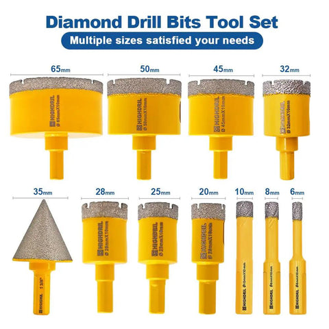 Heavy Duty Diamond Hole Saw Kit With 11 Piece Drill Bits and Chamfer Tool For Tough Porcelain Ceramic Granite Marble Rock And Hard Materials Using Bench Drill, showing various drill bit sizes.