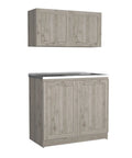 Totally Fresh Two Part Storage Cabinet In Light Gray Featuring Heavy Duty Engineered Wood Craft And Huge Countertop Area that showcases a light gray cabinet with upper and lower storage.