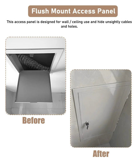 Heavy Duty Drywall Access Panel With Keyed Cylinder Lock, Slick Plasterboard Service Door installation before and after view.