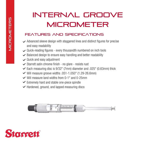 Groove Micrometer With Quick Reading Features For Dead Nuts Accurate Inch Measurements 0.051 To 1.050 Inch Range 0.001 Inch Graduations Satin Chrome Finish Model 260Z with specifications
