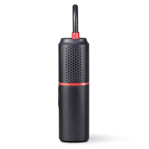 Slick Rechargeable Tire Inflator And Portable Air Compressor Featuring Digital Led Display And Automatic Shutoff, side view, black design, compact.