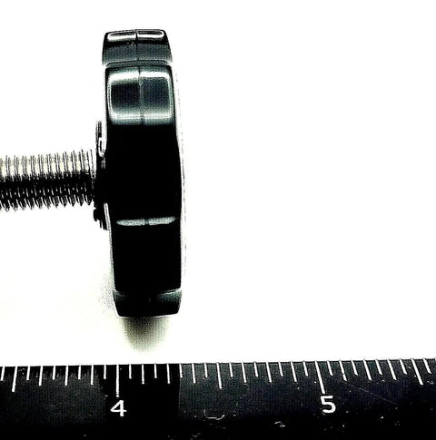 Top Shelf 516 24 Fine Thread Thumb Screw Bolts With Black Plastic Clamping Knob Cap And 304 Stainless Steel Shaft side view with ruler