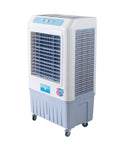 Portable Swamp Cooler With Three Speed Settings And Deep Water Tank Cooling Pad For Home Or Patio Use on wheels for easy mobility.