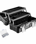 Folding Cantilever Access Organizer Three Tier Tool Chest For Pros Portable Storage, shown open with 3-tier design, black color