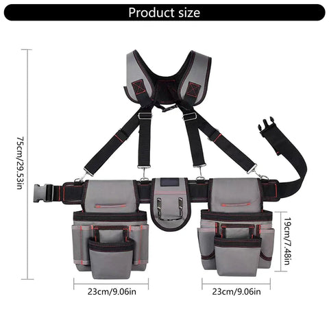 Professional Carpenter Tool Belt With Adjustable Suspenders Multi Pocket Hammer Loop And Built Tough Weight Distribution For The Daily Jobsite Grind, dimensions 75cm x 23cm, ergonomic design.