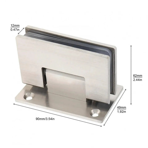90 Degree Glass Door Hinge Stainless Steel Wall Mount Frameless Glass Fixing T Clip For Bathroom Display Doors, dimensions shown
