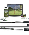 MicroSim Indoor Mobile Golf Simulator With 4K Home Golf Action Motion Sensor Swing Stick Play Indoors Or Outdoors Works With Android iOS And PC Seamless E6 Connect GSPro CreativeGolf Compatibility 6 Month License Included displayed with tablet and smartphone screen showing golf course interface.