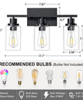 Top Shelf Matte Black Three Light Bathroom Vanity Fixtures With Clear Glass Shades Knockout Modern Farmhouse Wall Sconces dimensions and bulb recommendations