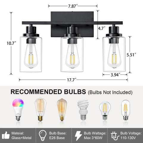 Top Shelf Matte Black Three Light Bathroom Vanity Fixtures With Clear Glass Shades Knockout Modern Farmhouse Wall Sconces dimensions and bulb recommendations