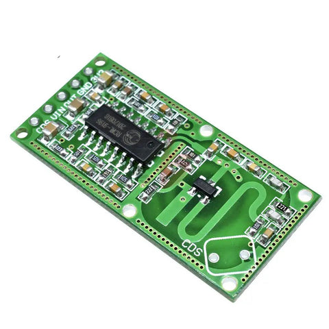 RCWL-0516 Microwave Radar Sensor Module For Human Detection, close-up view showing circuit board and components, wide input range.