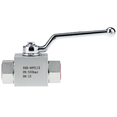 Heavy Duty One Half Inch NPT Hydraulic Ball Valve With 7250 PSI Rating Two Way Shut Off Rugged Built To Last Carbon Steel Construction Industrial Grade High Pressure Flow Control For Demanding Hydraulic Systems By QWORK, chrome finish with lever handle, front view.