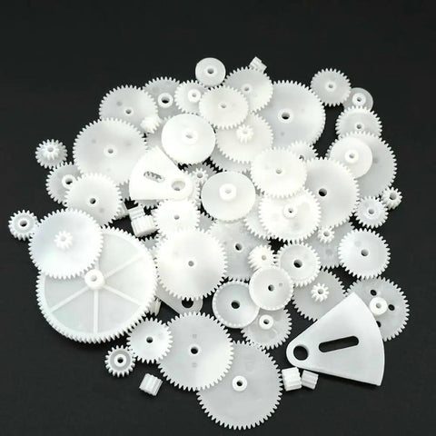 Assorted 72 Pieces Small Plastic Gears Kit for RC cars and model toys featuring single, double, crown, and worm gears with various hole sizes.