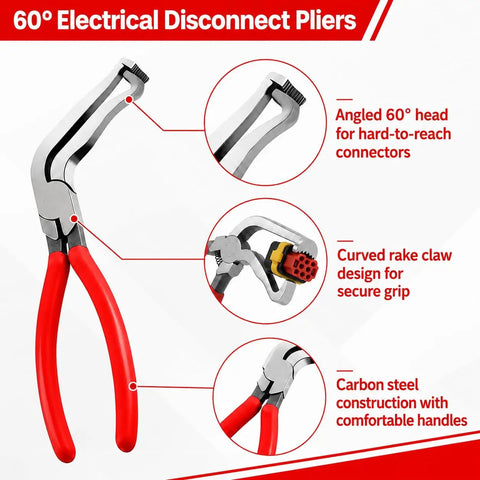 5 Piece Auto Electrical Disconnect Pliers Kit With Connector And Terminal Removal Tools exhibiting 60° angled plier head
