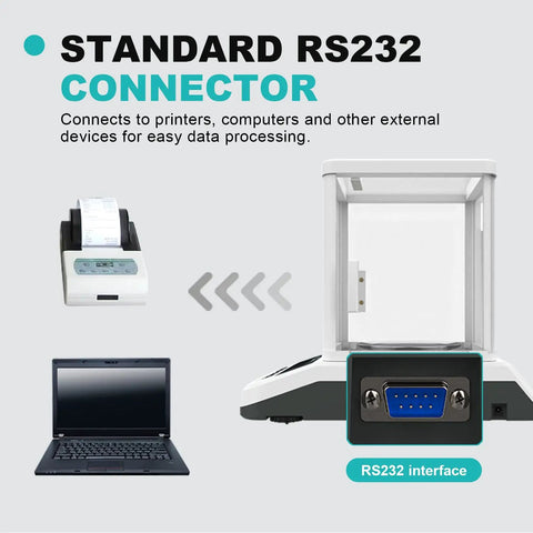 Analytical Balance 500g Capacity with 0.001g Precision showing RS232 connector for computer integration