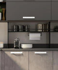 Kitchen cabinet with Two Pack Stick On Cabinet Handles White Self Adhesive Drawer Pulls installed, no drilling, 8.5 inches long.