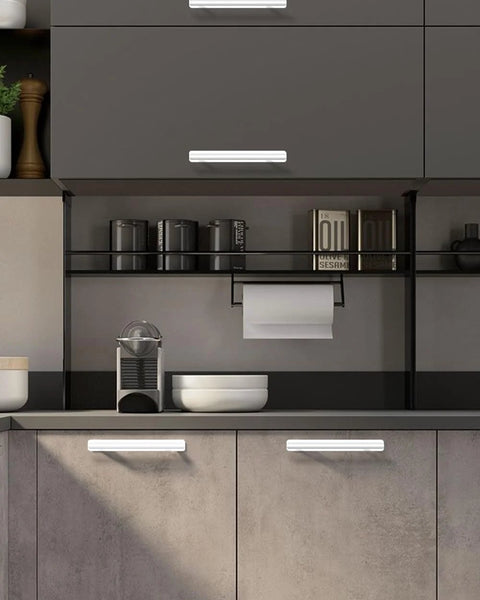 Kitchen cabinet with Two Pack Stick On Cabinet Handles White Self Adhesive Drawer Pulls installed, no drilling, 8.5 inches long.